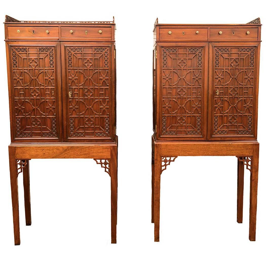 Pair of Chinese Chippendale Small Cabinets on Stands For Sale