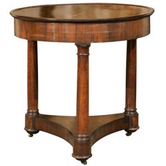 French 1870s Empire Style Walnut Round Center Table with Column-Shaped Legs