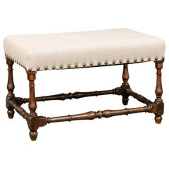 18th Century Italian Wooden Bench with Upholstered Seat and Brass Nailheads