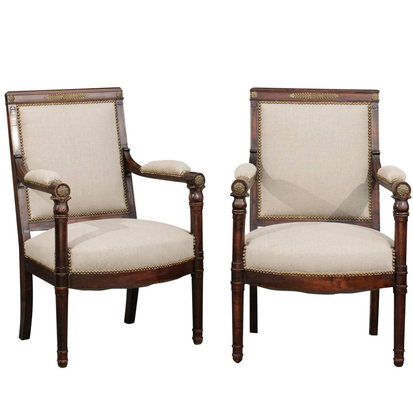 English 19th Century Empire Revival Upholstered Armchairs with Palmettes For Sale