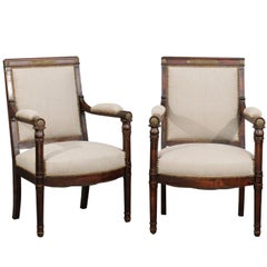 Antique English 19th Century Empire Revival Upholstered Armchairs with Palmettes