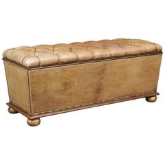 English Tufted Leather Ottoman with Giltwood Frame and Storage, circa 1910