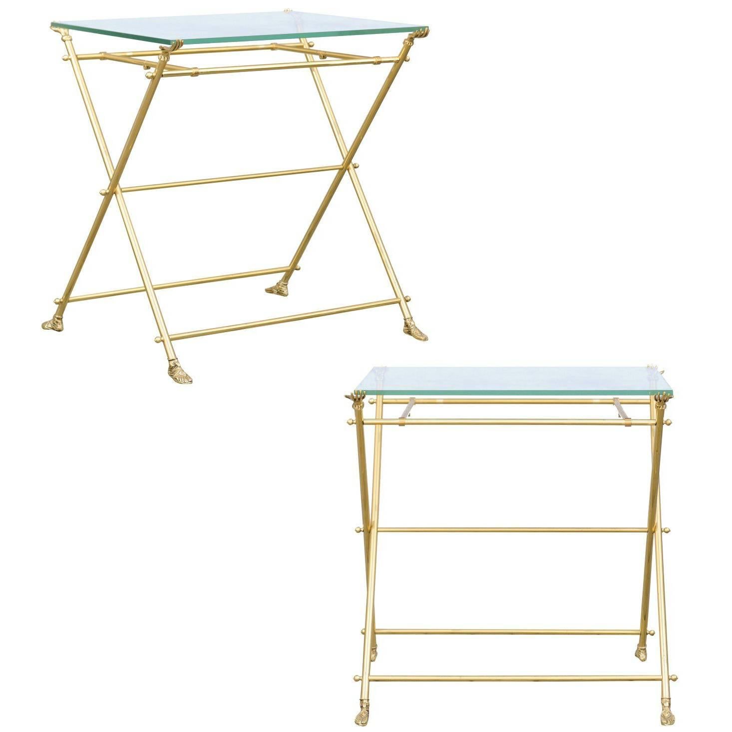 Vintage Pair of Italian Brass and Glass Folding Side Table with Sandaled Feet For Sale