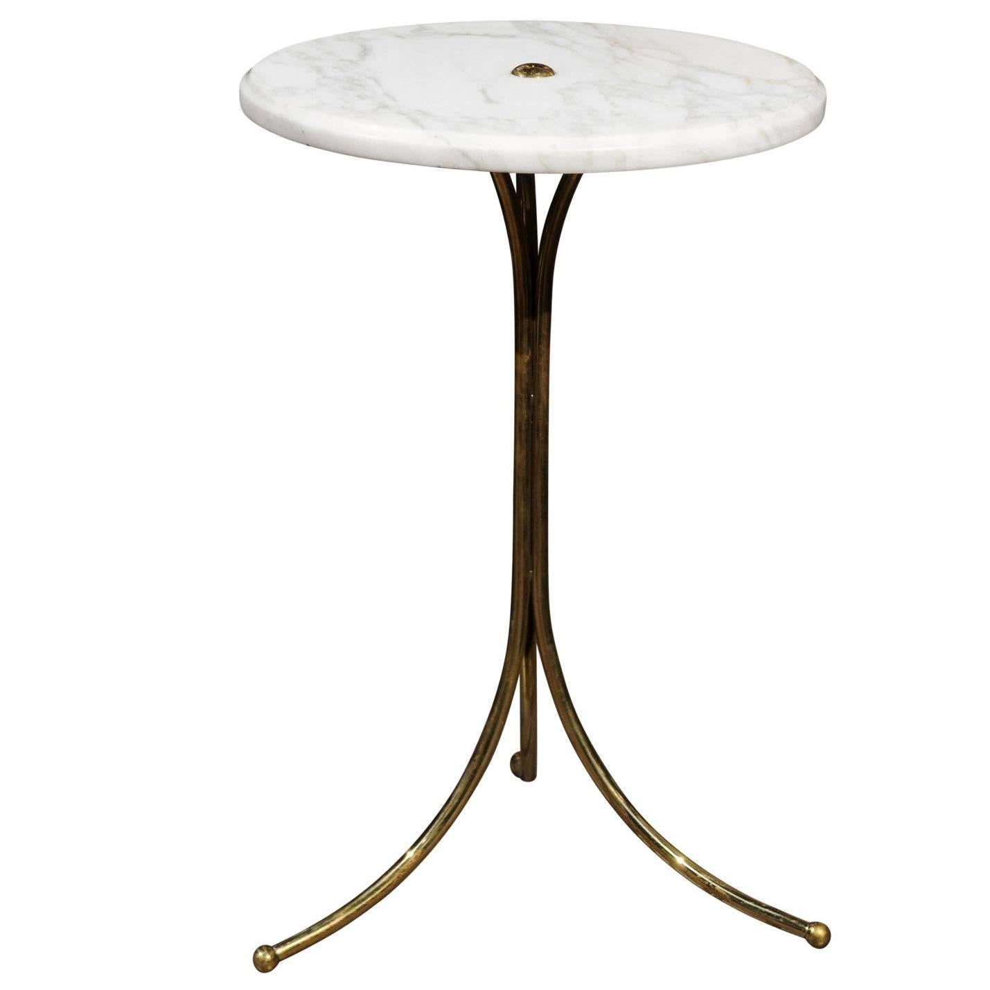 Italian Vintage Round Drinks Table with White Marble Top and Brass Pedestal Base