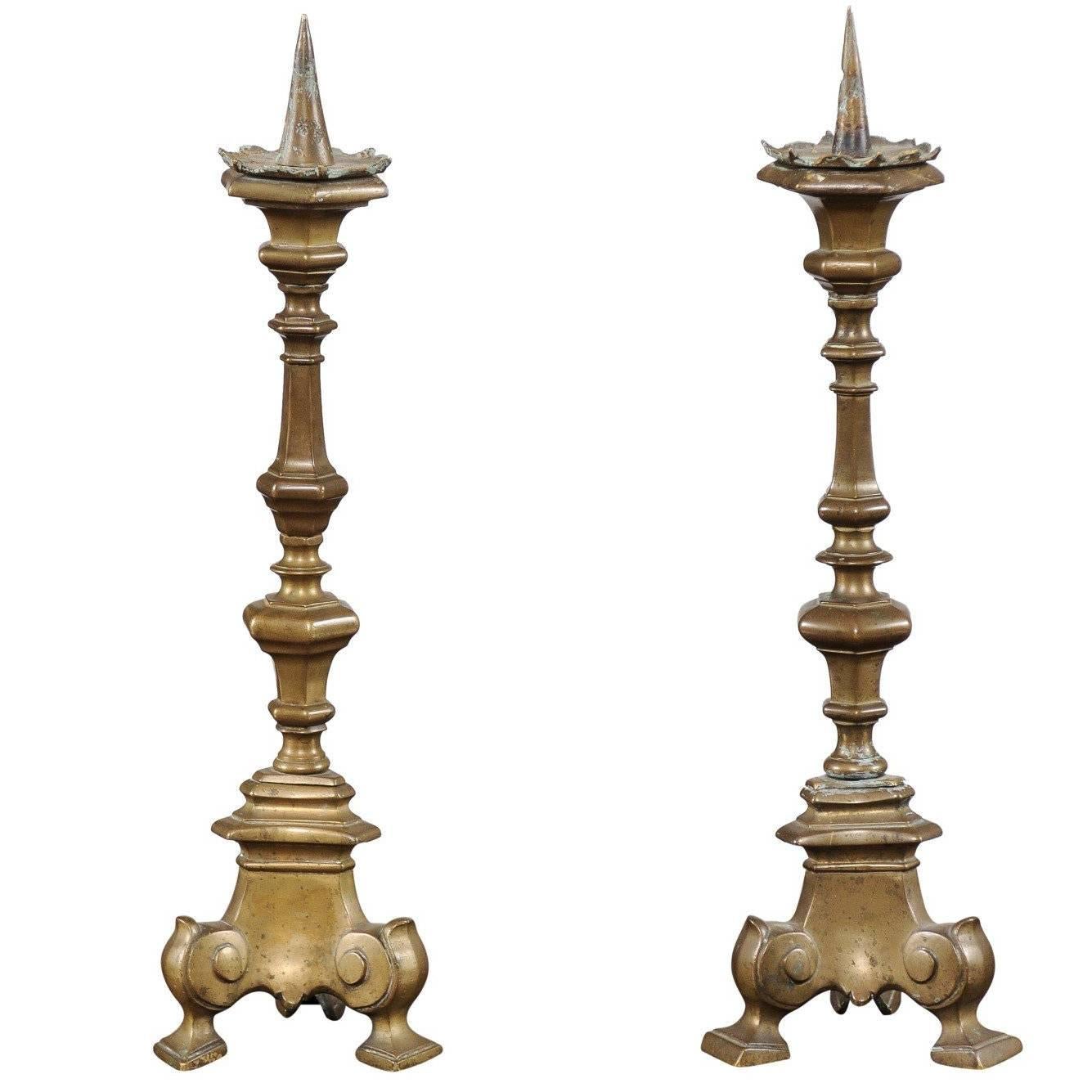 Pair of 17th Century Brass Candlesticks, Bologna, Italy For Sale