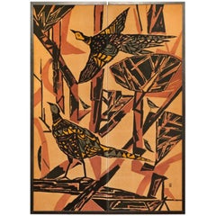 Japanese Two Panel Screen: Pheasants in an Abstract Landscape