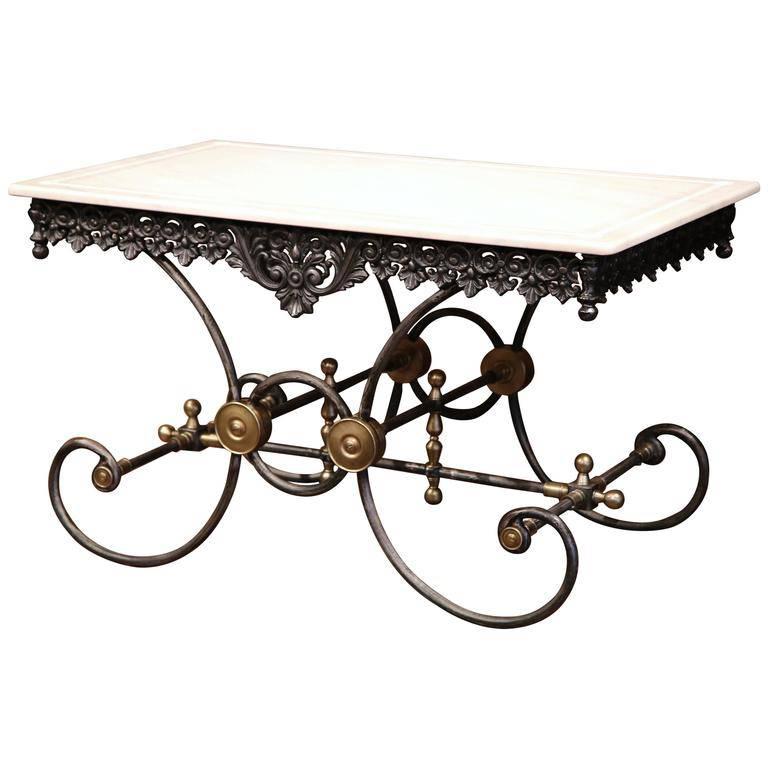 Polished French Iron and Brass Mounts Butcher or Pastry Table with Marble Top