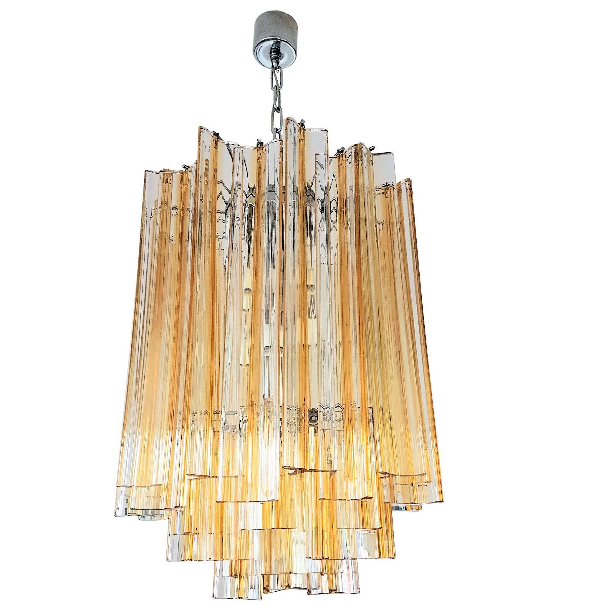 Venini Triedri Glass Chandelier Italy with Amber Color Lines, circa 1960