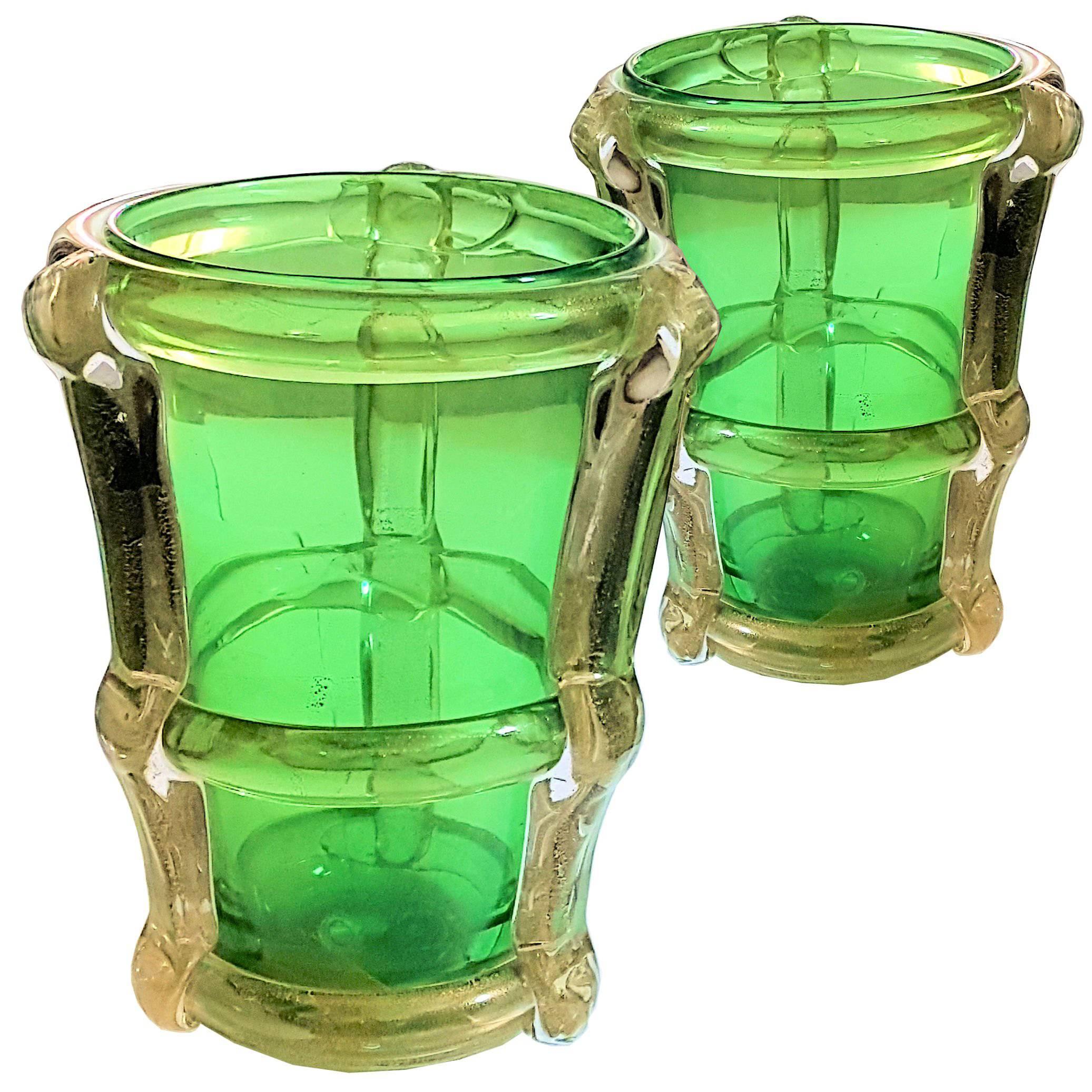 Pair of circa 1970 Large Green and Gold Murano Vases Attributed to Barbini