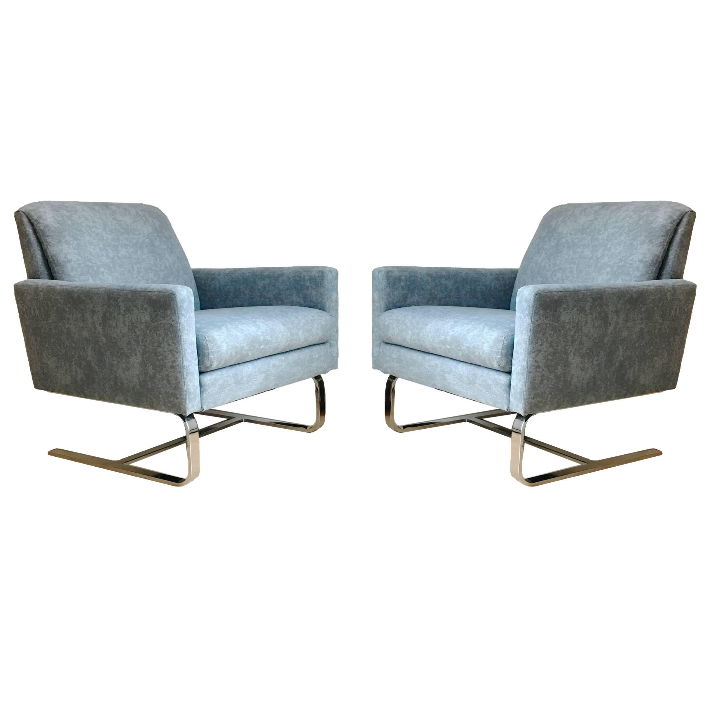 Pair of Cantilevered Floating Hollywood Regency Milo Baughman Lounge Club Chairs