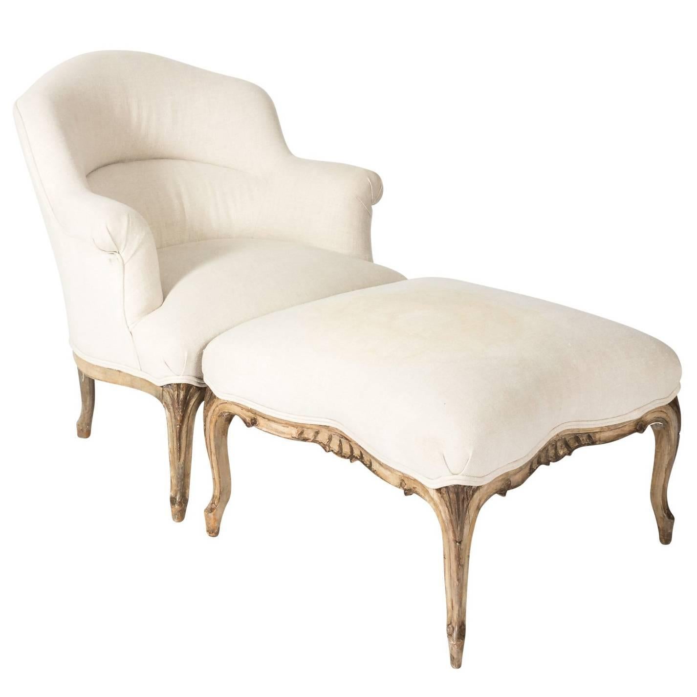 Louis XV Style Upholstered Chair and Ottoman