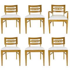 Set of Six Oak Midcentury Greek Key Dining Chairs
