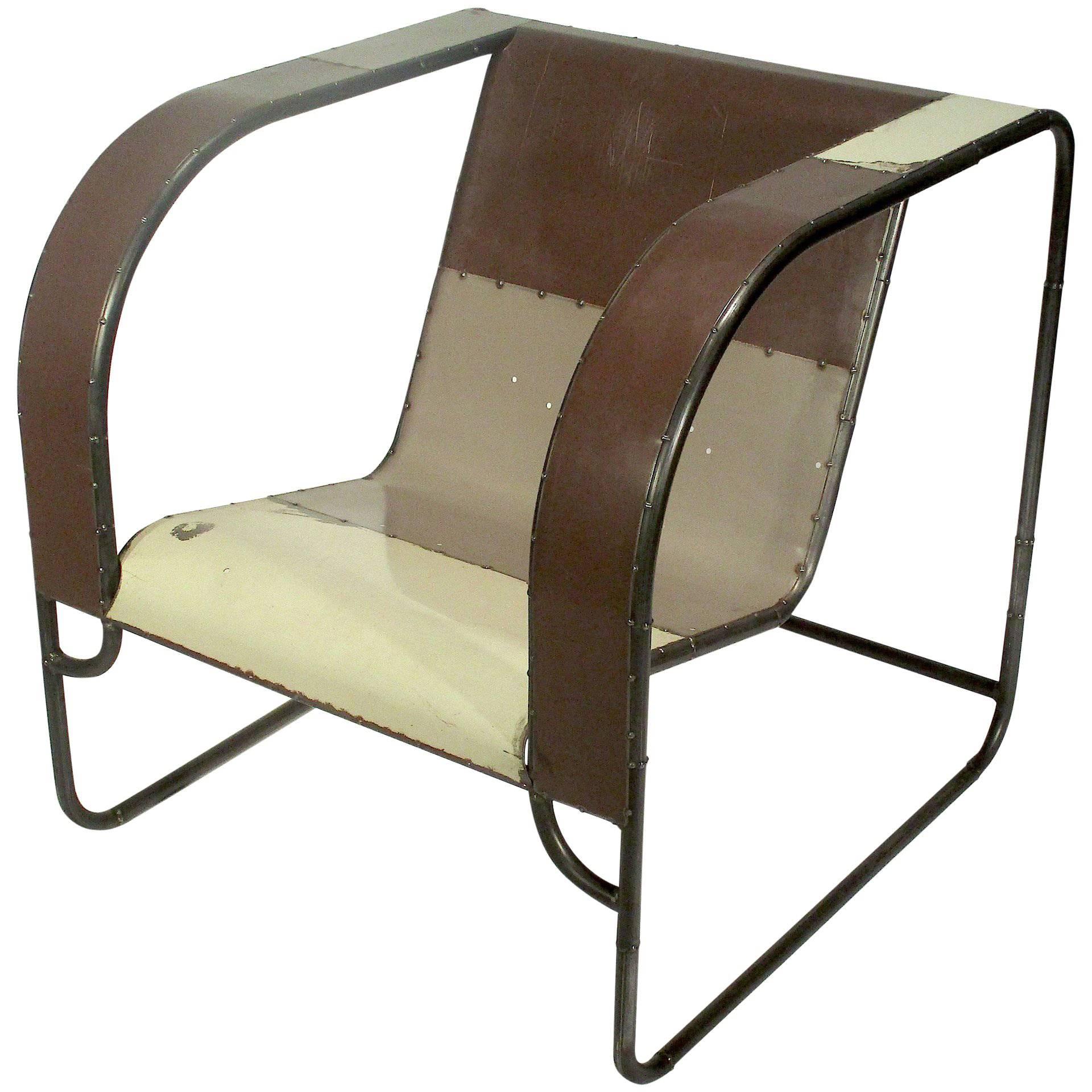 Club Chair Hand Fabricated from Reclaimed Steel by Midwestern Artist For Sale