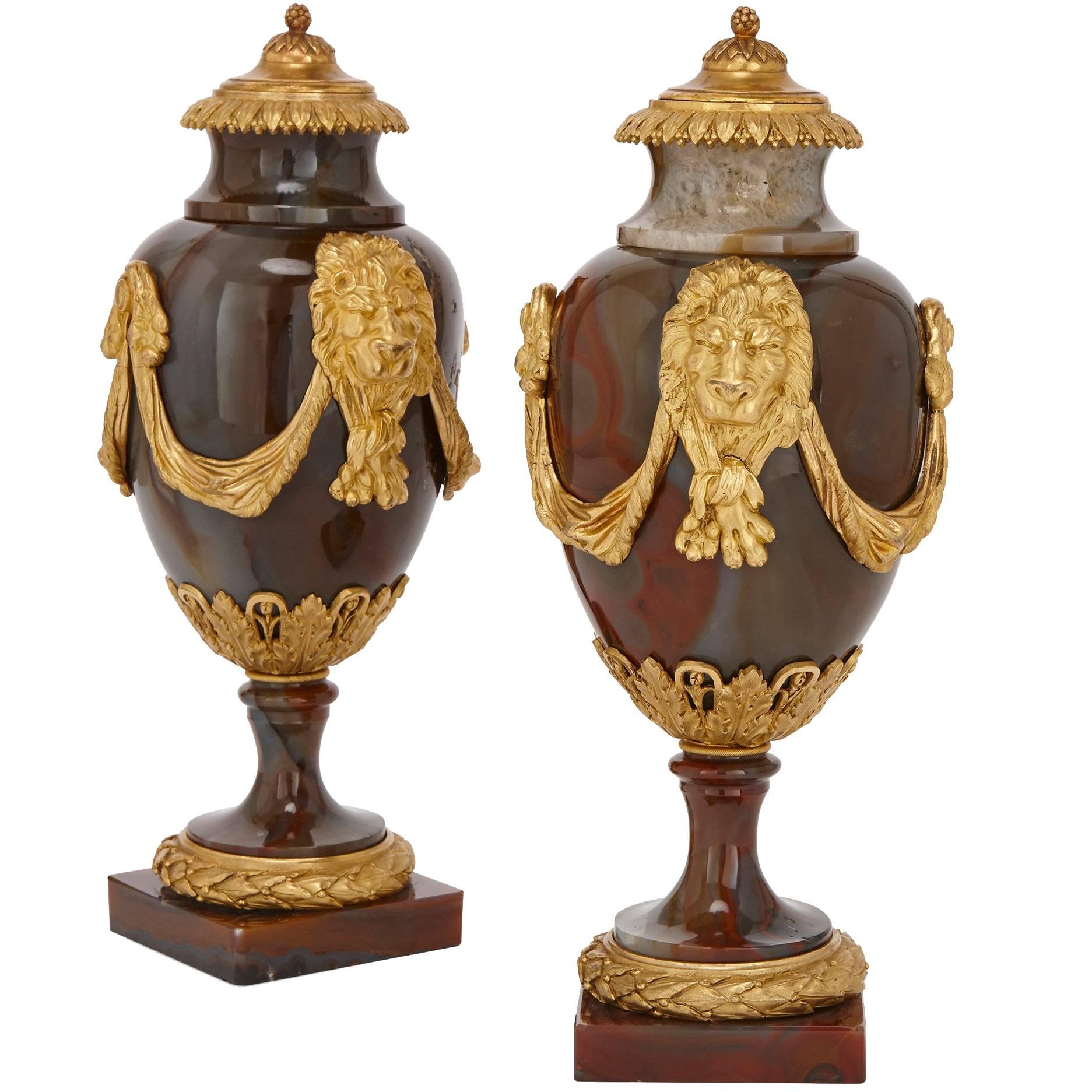 Pair of French Louis XVI Period Gilt Bronze and Agate Vases For Sale