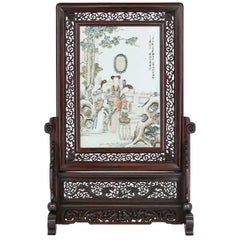 Antique Chinese Rosewood Screen with Painted Porcelain Plaque