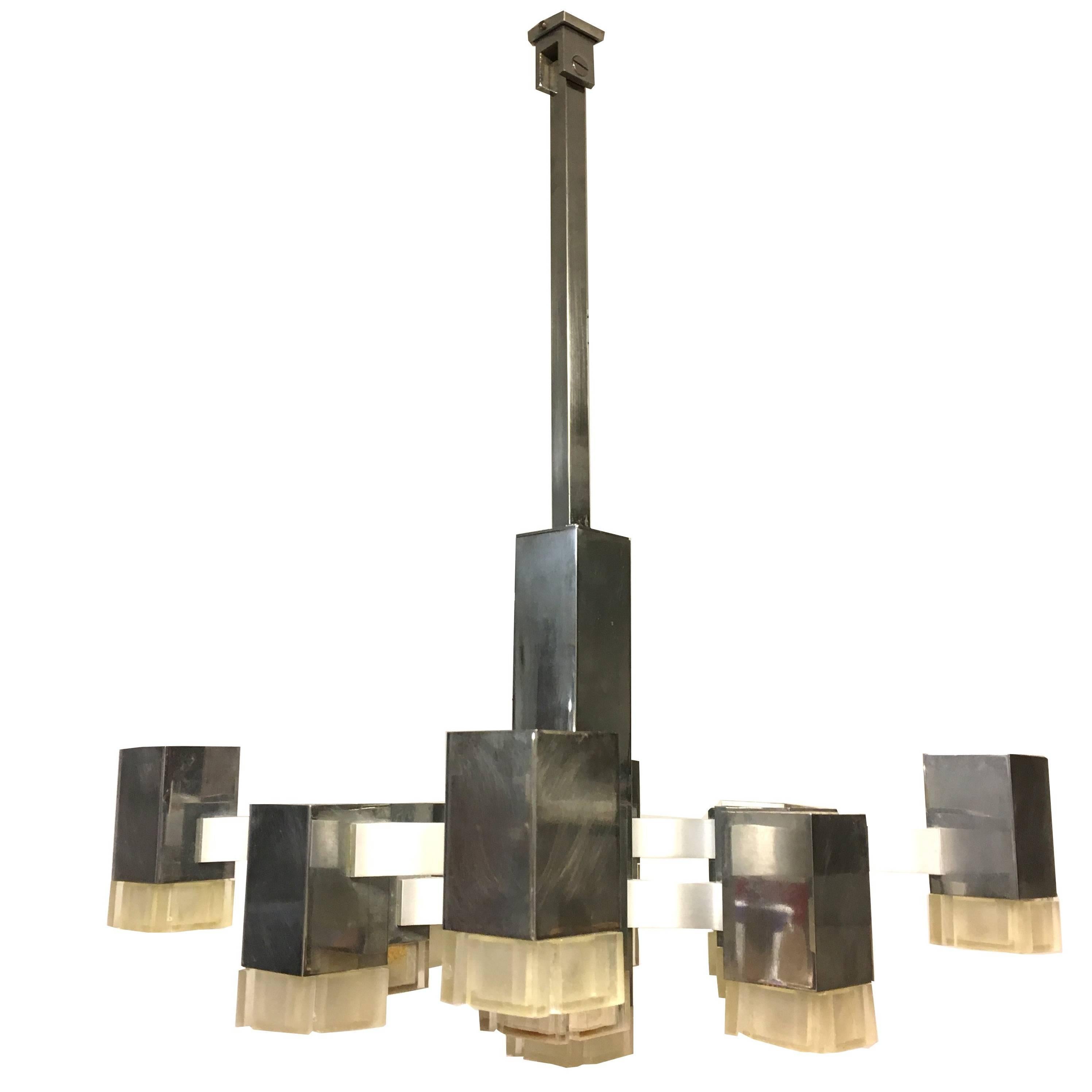 Sciolari Chandelier with 13 Multi-Level Metal and Lucite Lights, Italy, 1970s