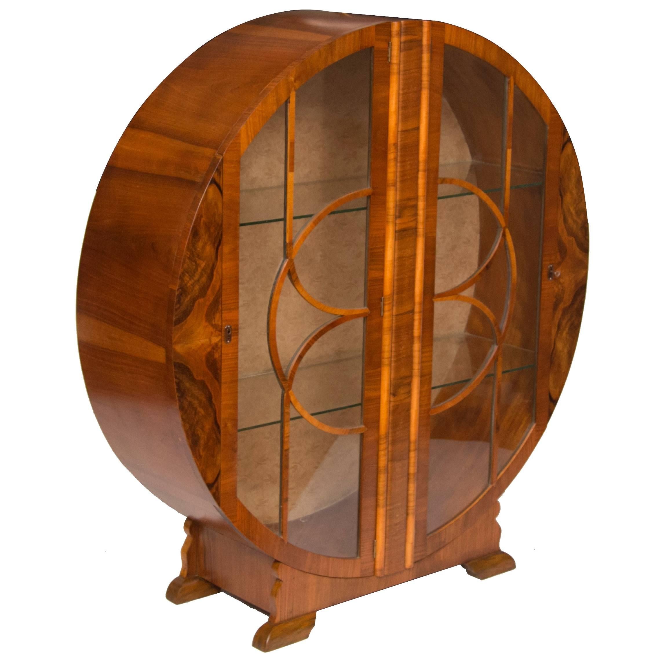 Art Deco Circular Display Cabinet with Stunning Burr Walnut