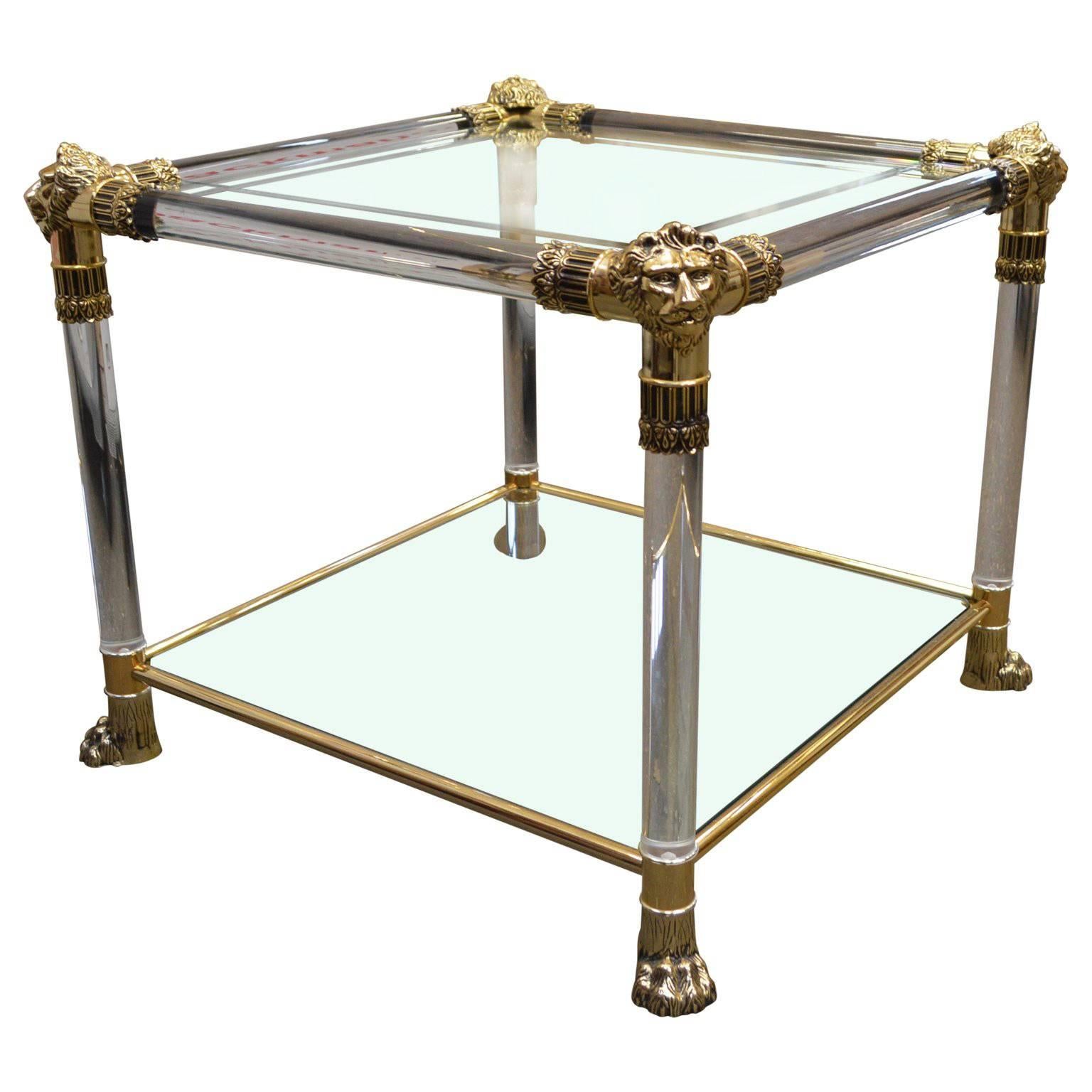 Versace Lucite and Glasstop Side Table with Lion Heads and Feet of Brass