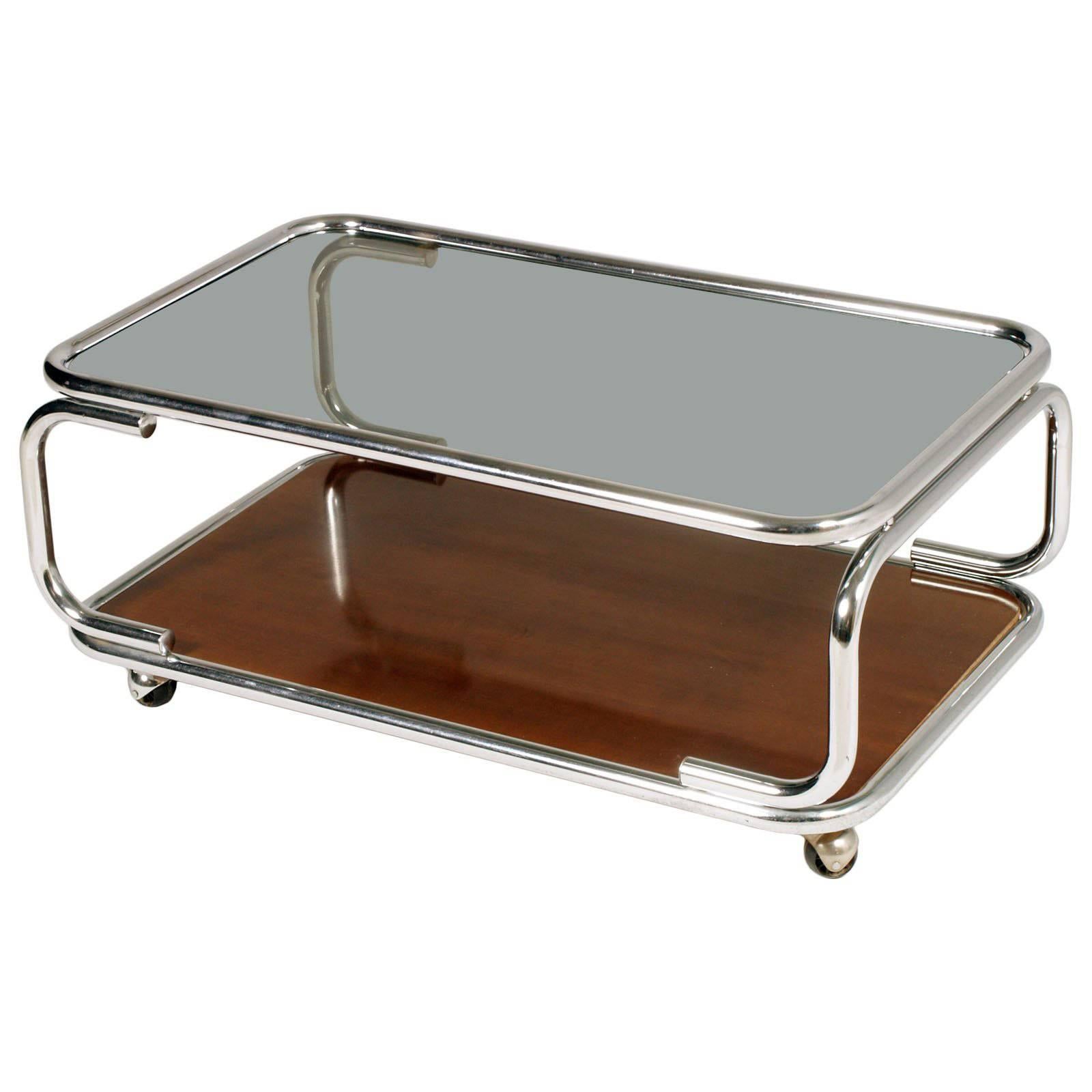 1960s Chrome Serving Trolley Coffee Table Smoked Glass Top & Faux Laminated Wood For Sale
