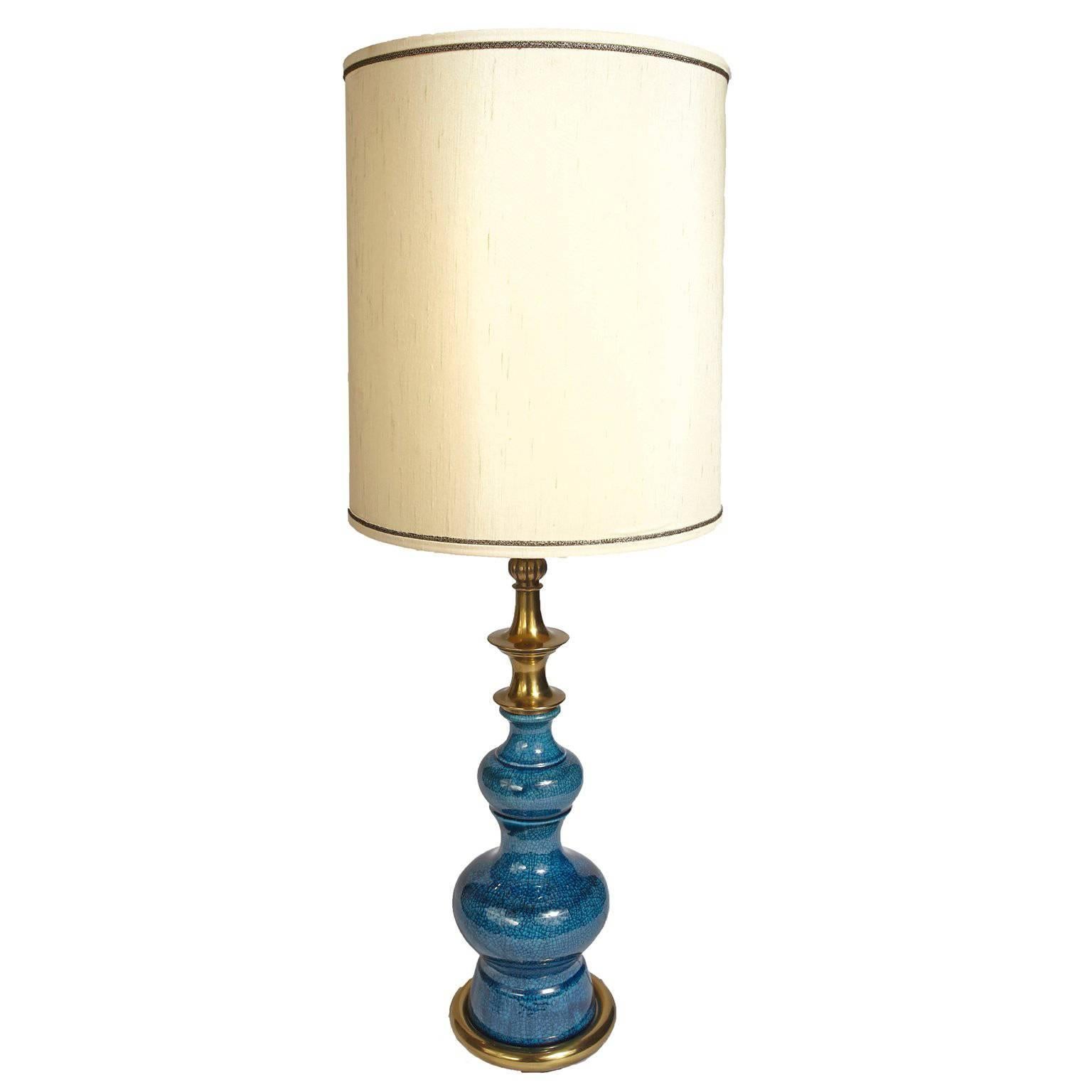 Stiffel, Blue Ceramic, Mid-Century Modern Table Lamp with Original Shade For Sale