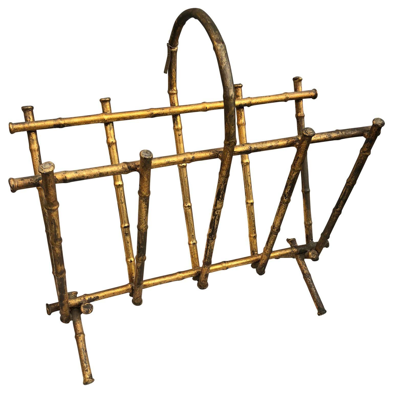 Vintage Spanish Faux-Bamboo Gilt-Metal Magazine Rack