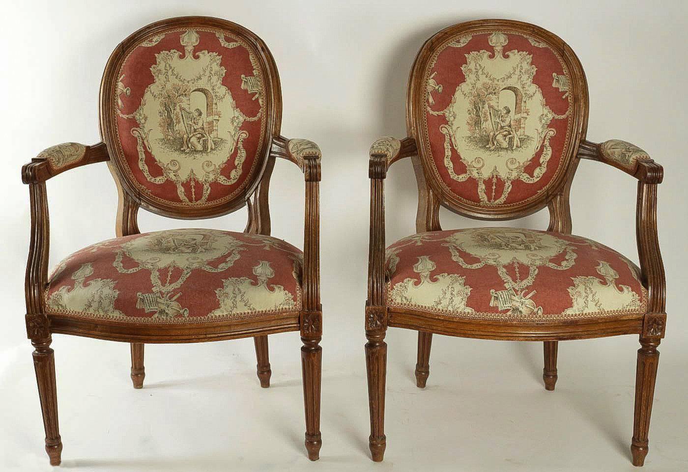 Hand-Carved Set of Four French, 19th Century, Louis XVI Style Fruitwood Armchairs For Sale