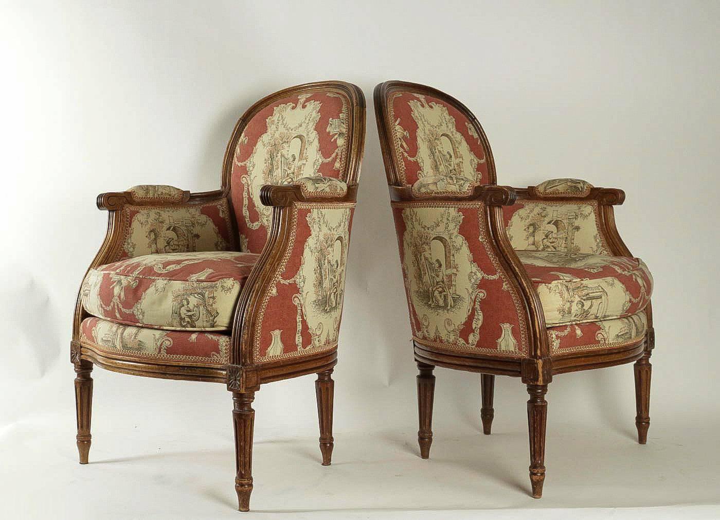 Pair of French 19th Century, Louis XVI Style Fruitwood Bergeres For Sale 2