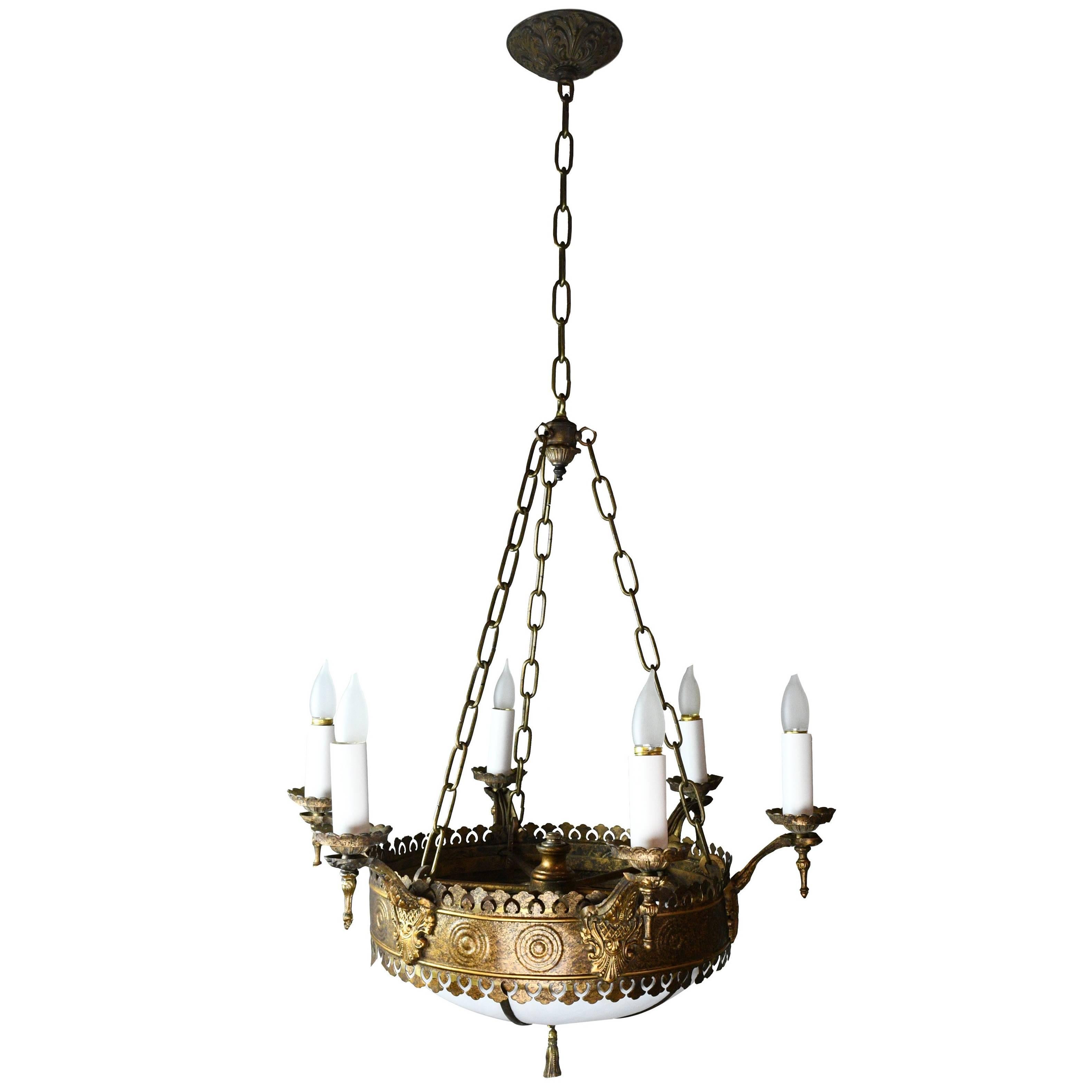 Six Candle Tudor Chandelier with Bent Glass Globe