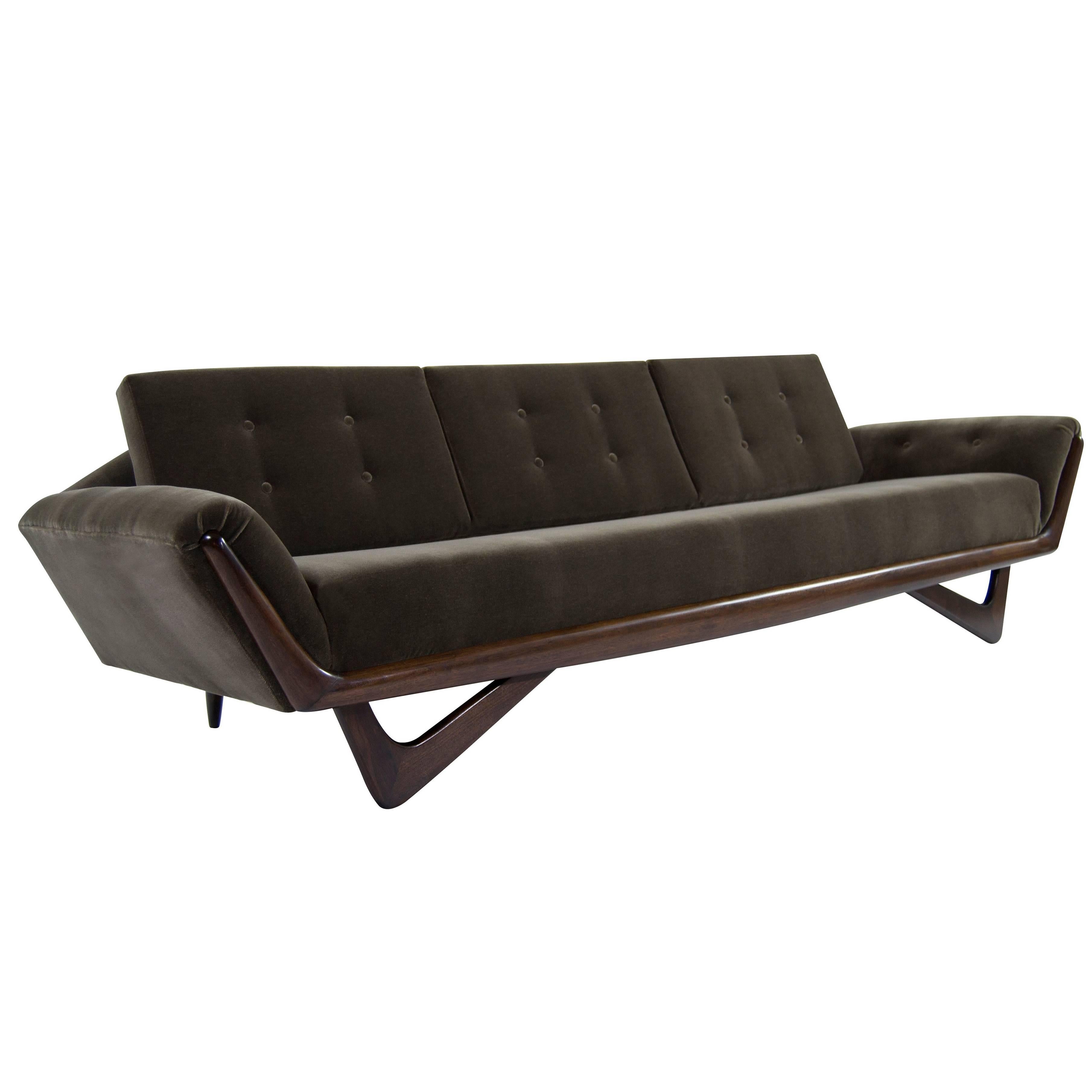 Gondola sofa designed by Adrian Pearsall for Craft Associates, circa 1960s. 

Newly upholstered in brown mohair, sculptural walnut legs and trim fully restored.