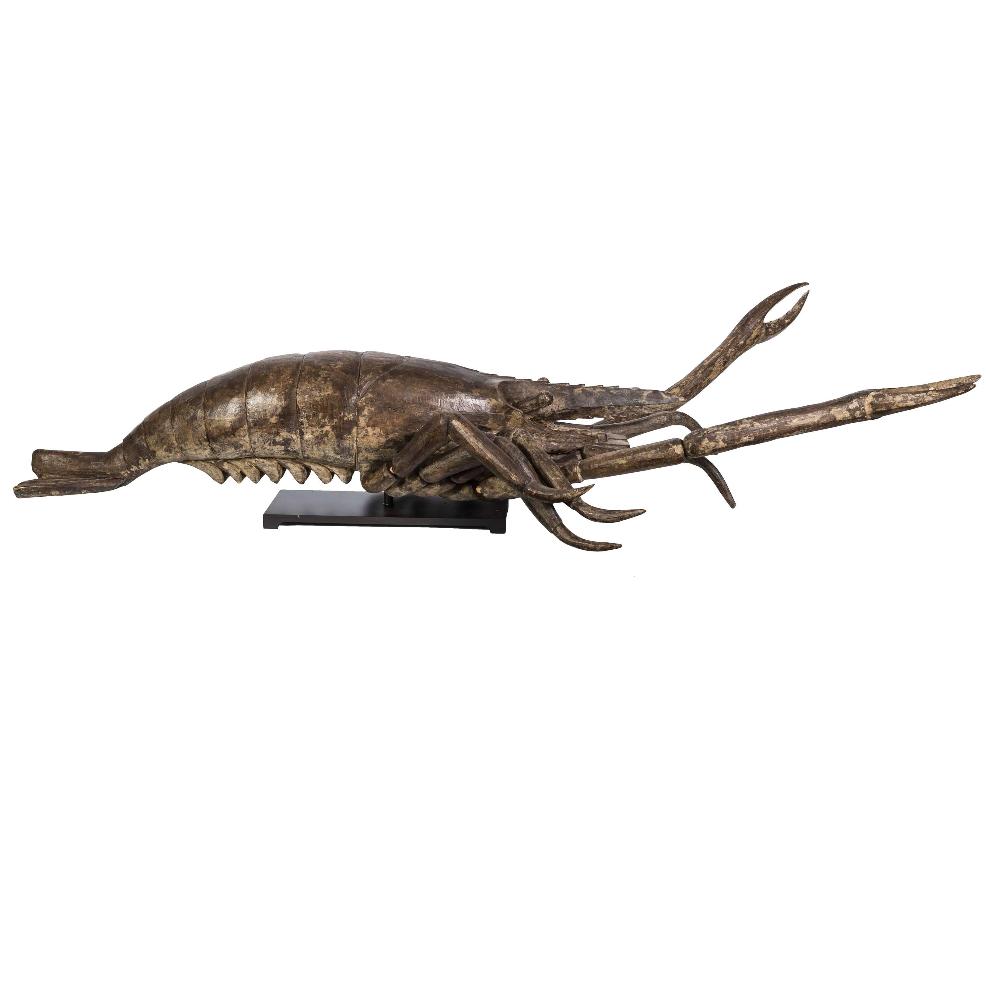 19th Century Articulated Wood Crustacean Sculpture on Custom Iron Base For Sale