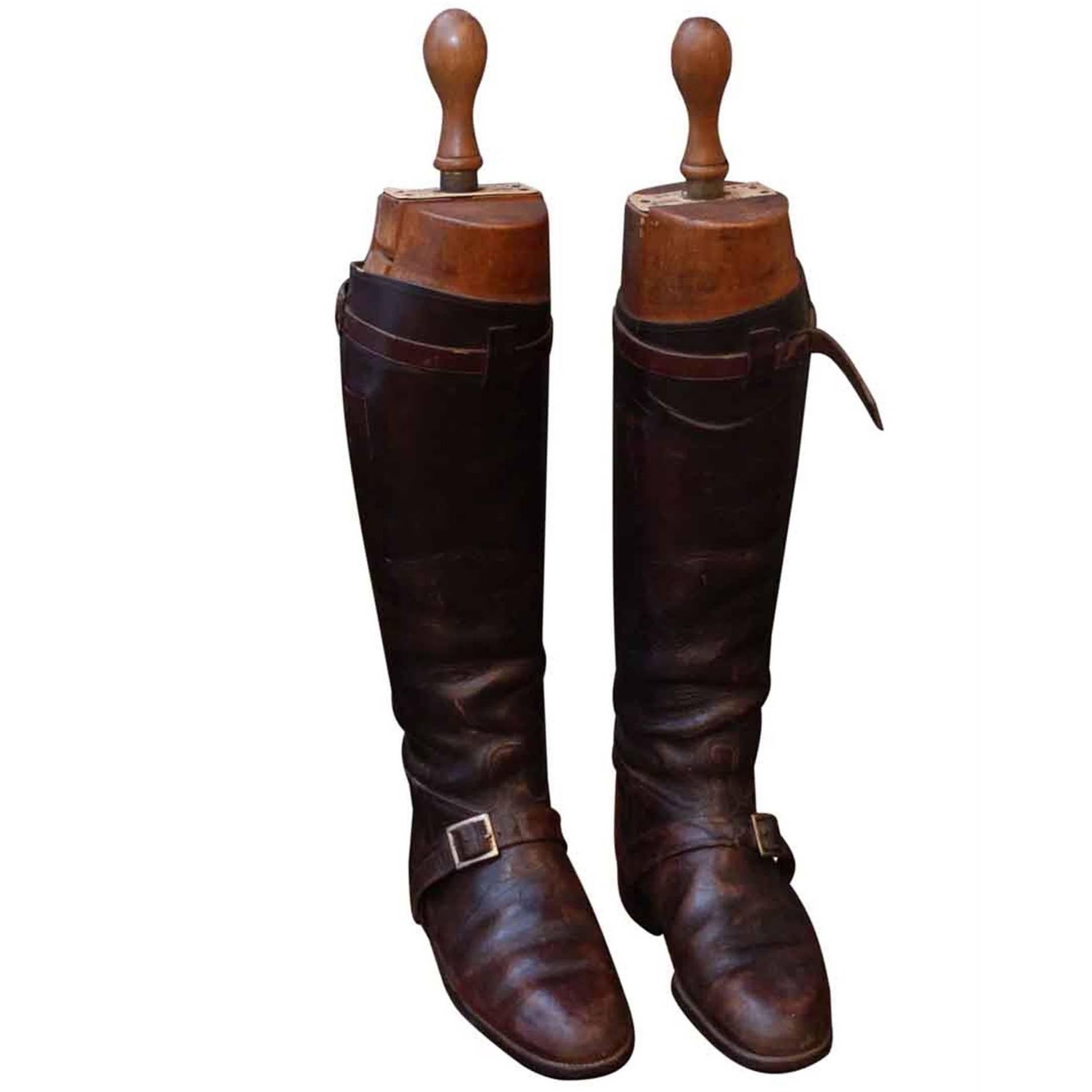 1950s Pair of English Polo Boots with Peal & Co. Ltd. Wooden Stretchers