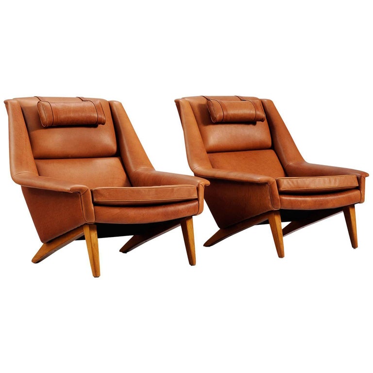 Set of Two Danish Reupholstered Lounge Chairs in Cognac Leather For