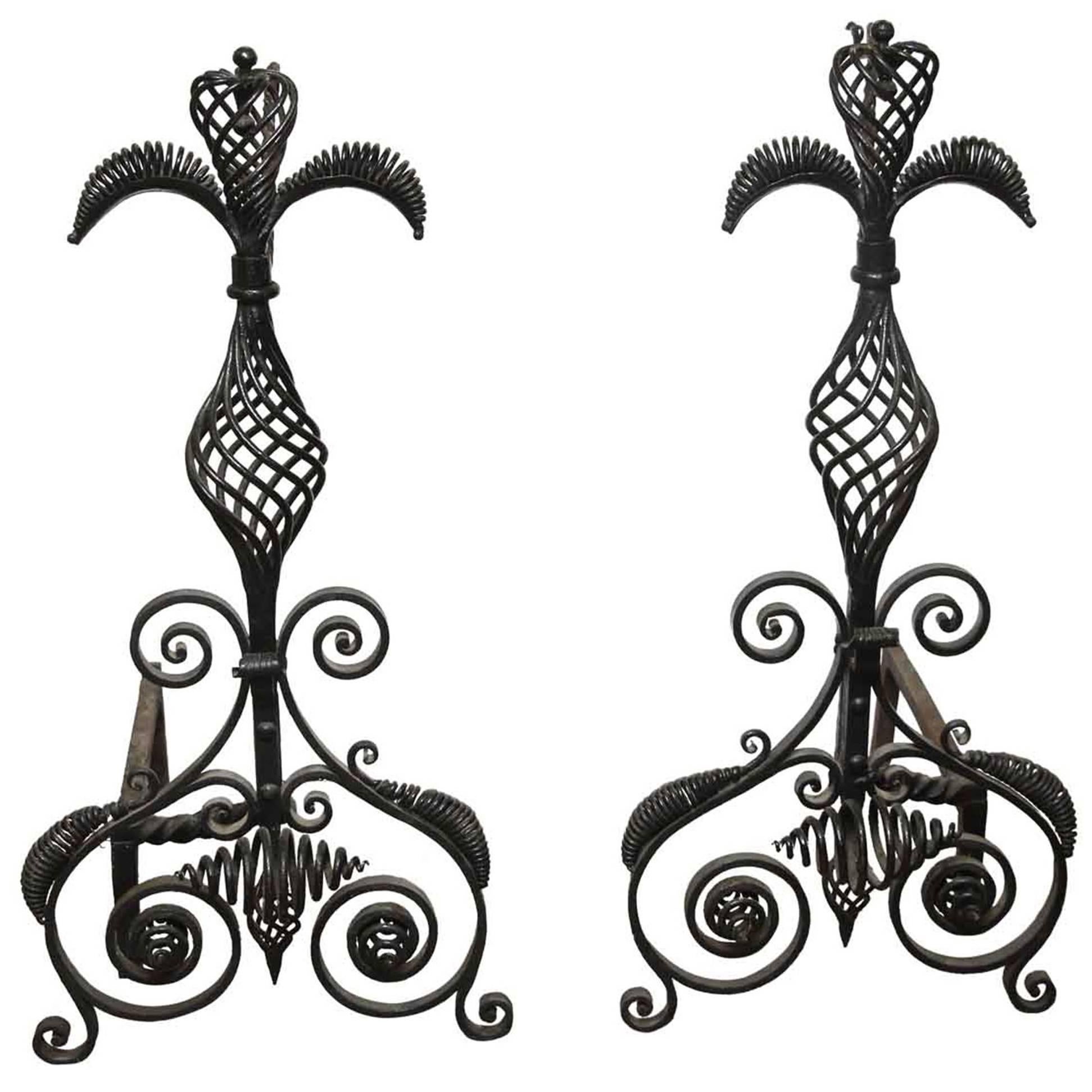 1880s Pair of Unique Large Blacksmith Hand-Wrought Iron Fireplace Andirons