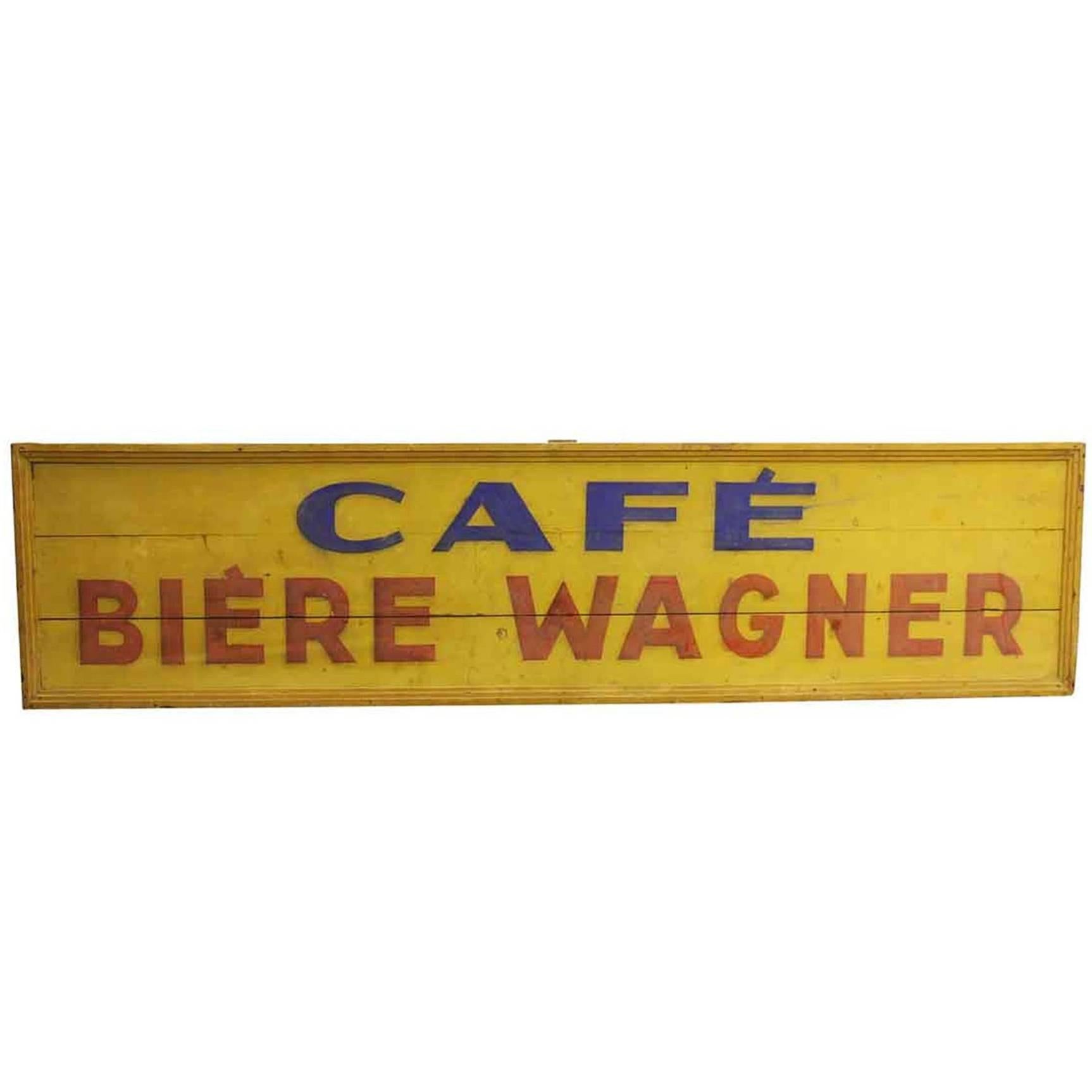 1970s Hand-Painted Long Wooden Cafe Biere Wagner Sign from France