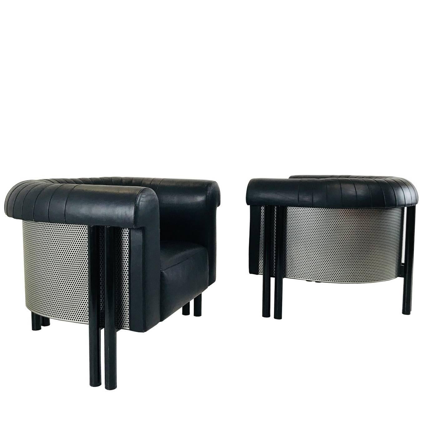 Pair of Black Leather Lounge Armchairs by De Sede