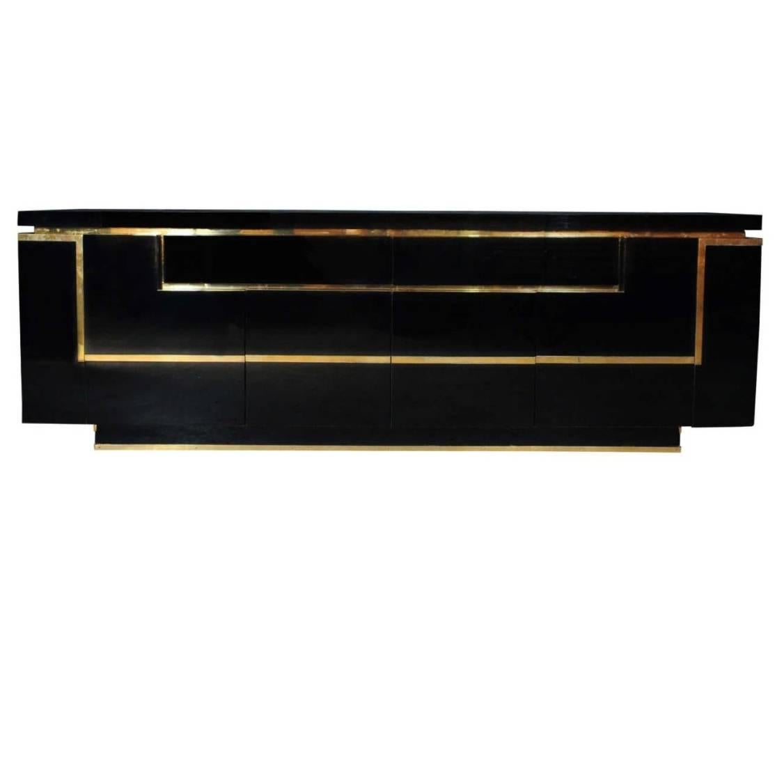 Extra Large Lacquered and Brass Sideboard JC Mahey, 1970s