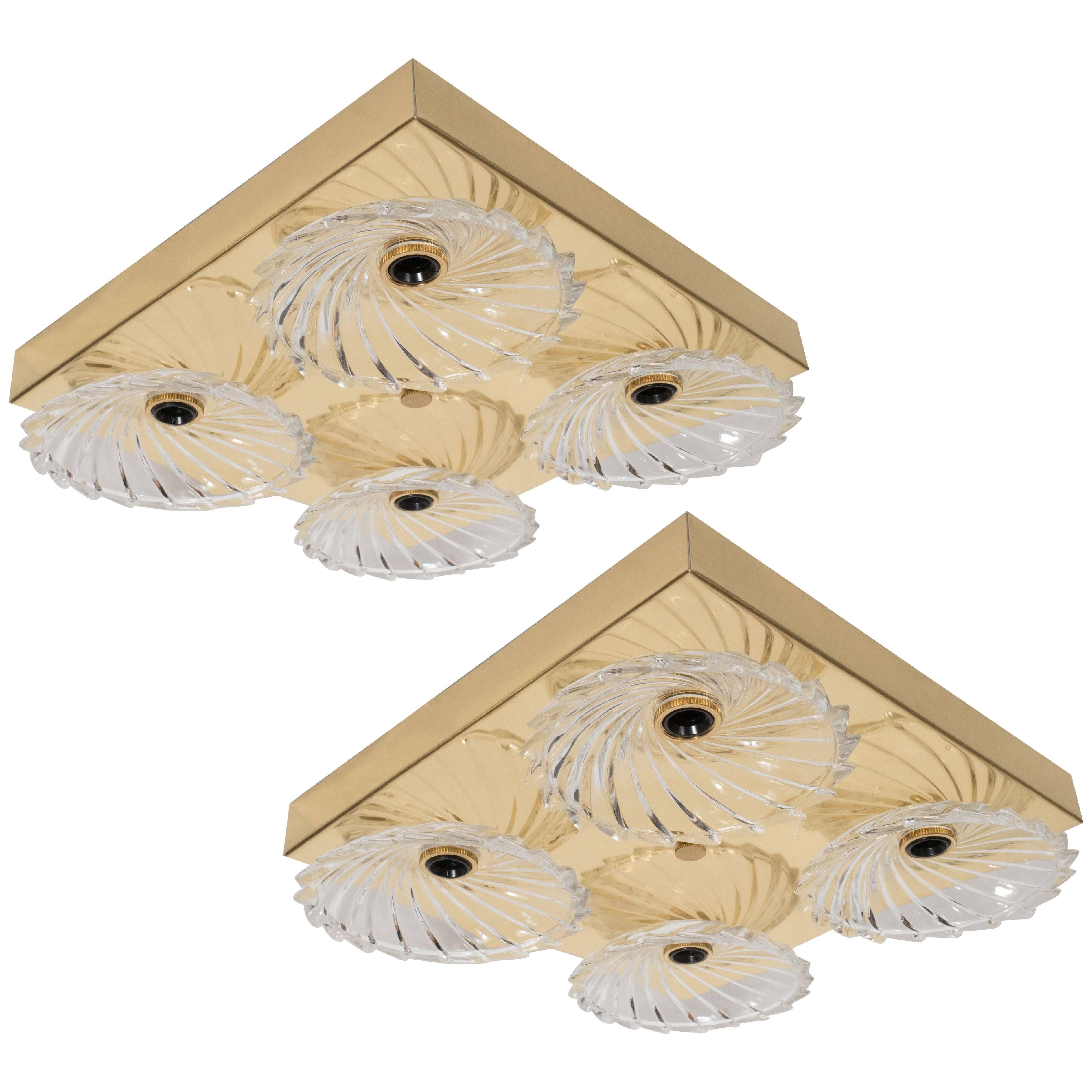 Pair of Mid-Century Modern Flush Mount with Bobeche Glass Shades