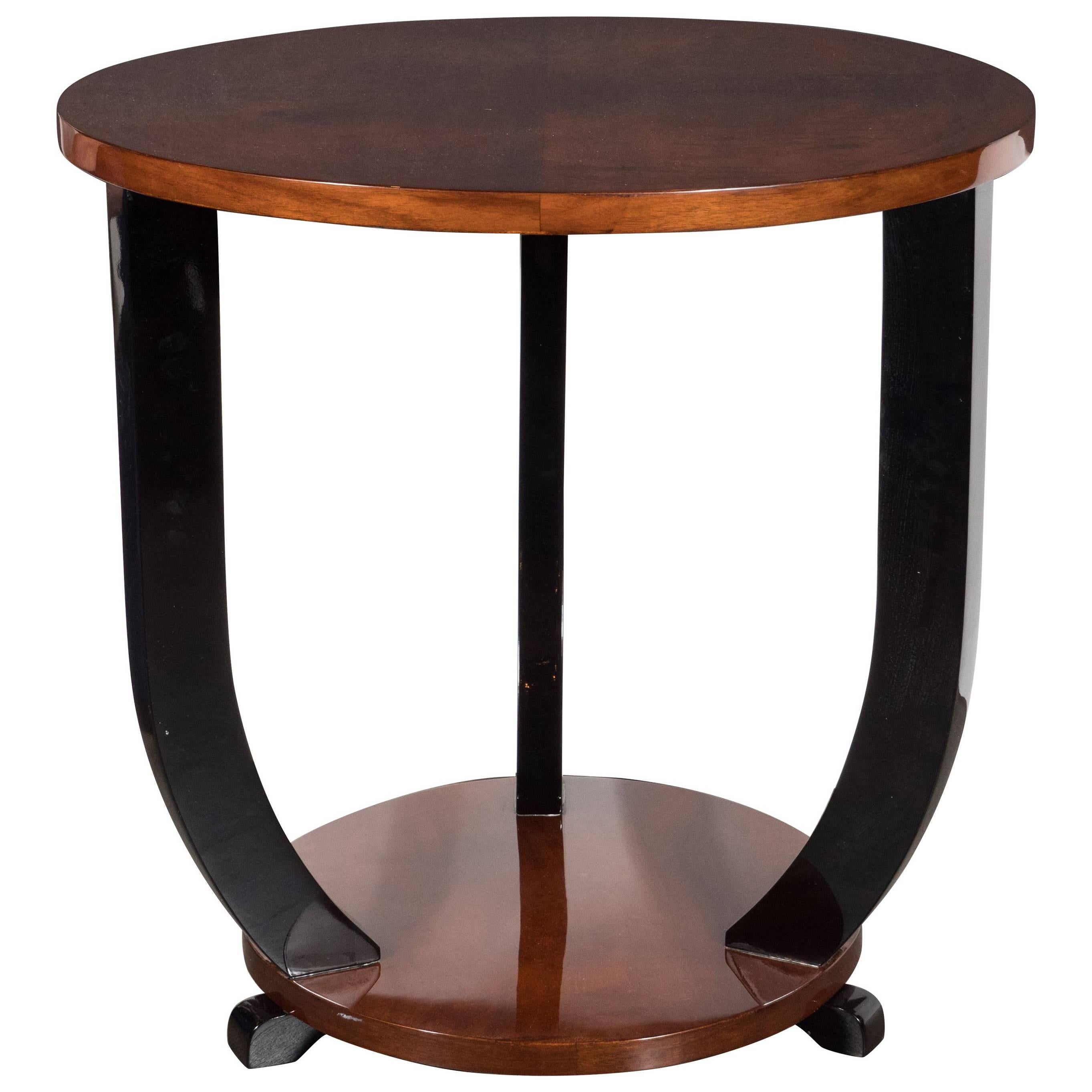 French Art Deco Two-Tiered Bookmatched Walnut & Black Lacquer Gueridon Table