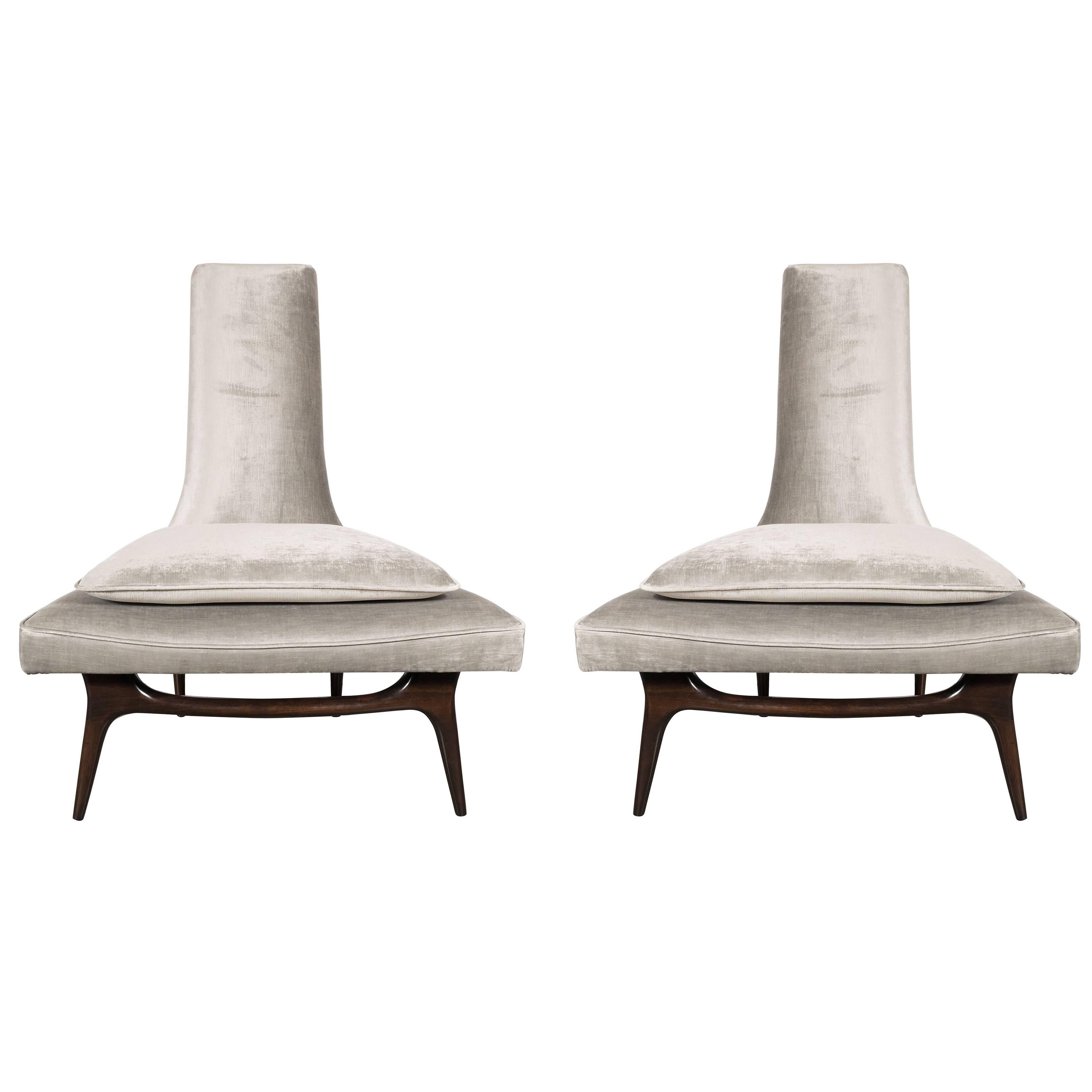 Pair of High Back Lounge Chairs in Smoked Platinum Velvet by Karpen