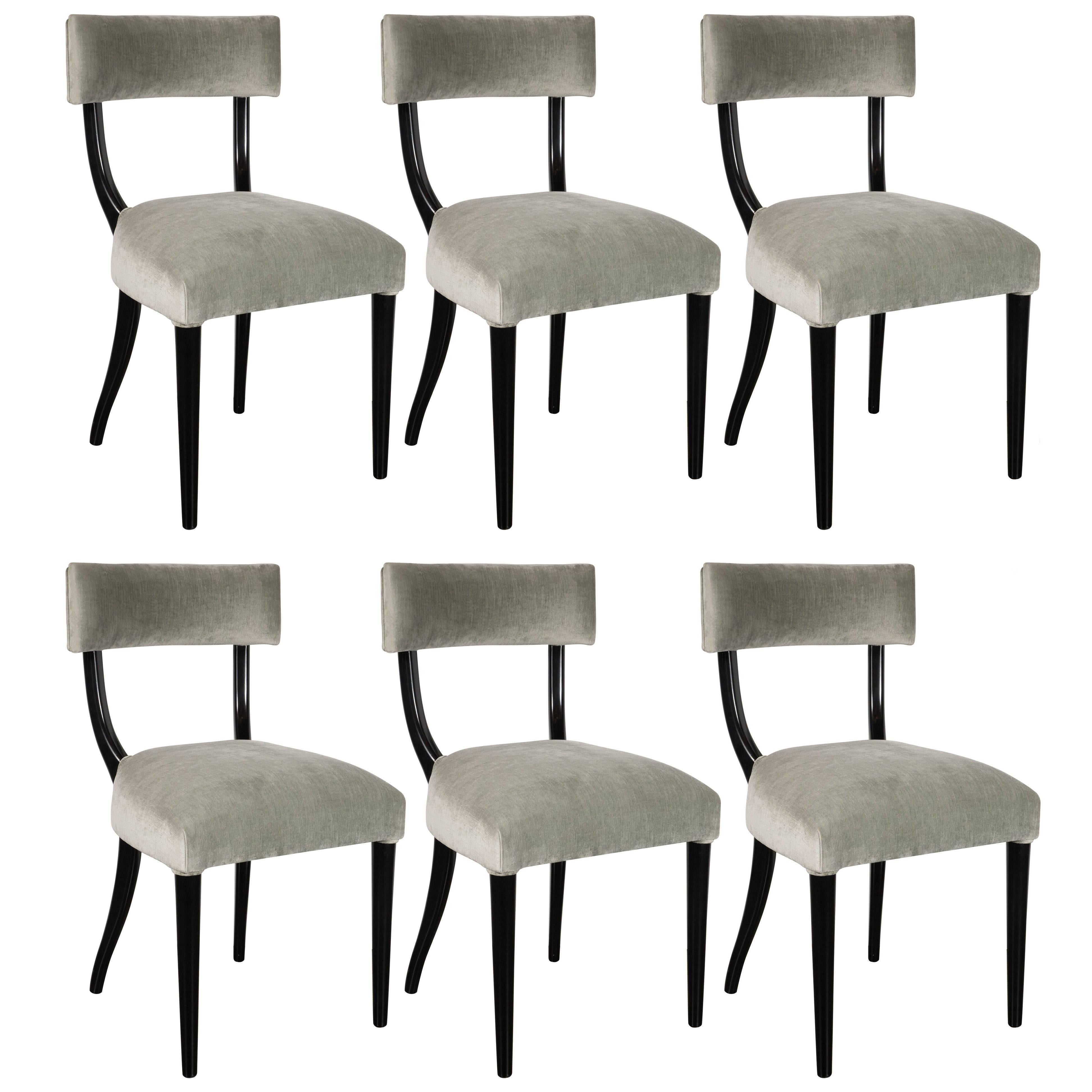 Set of Six Mid-Century Modern Klismos Form Dining Chairs in Ebonized Walnut