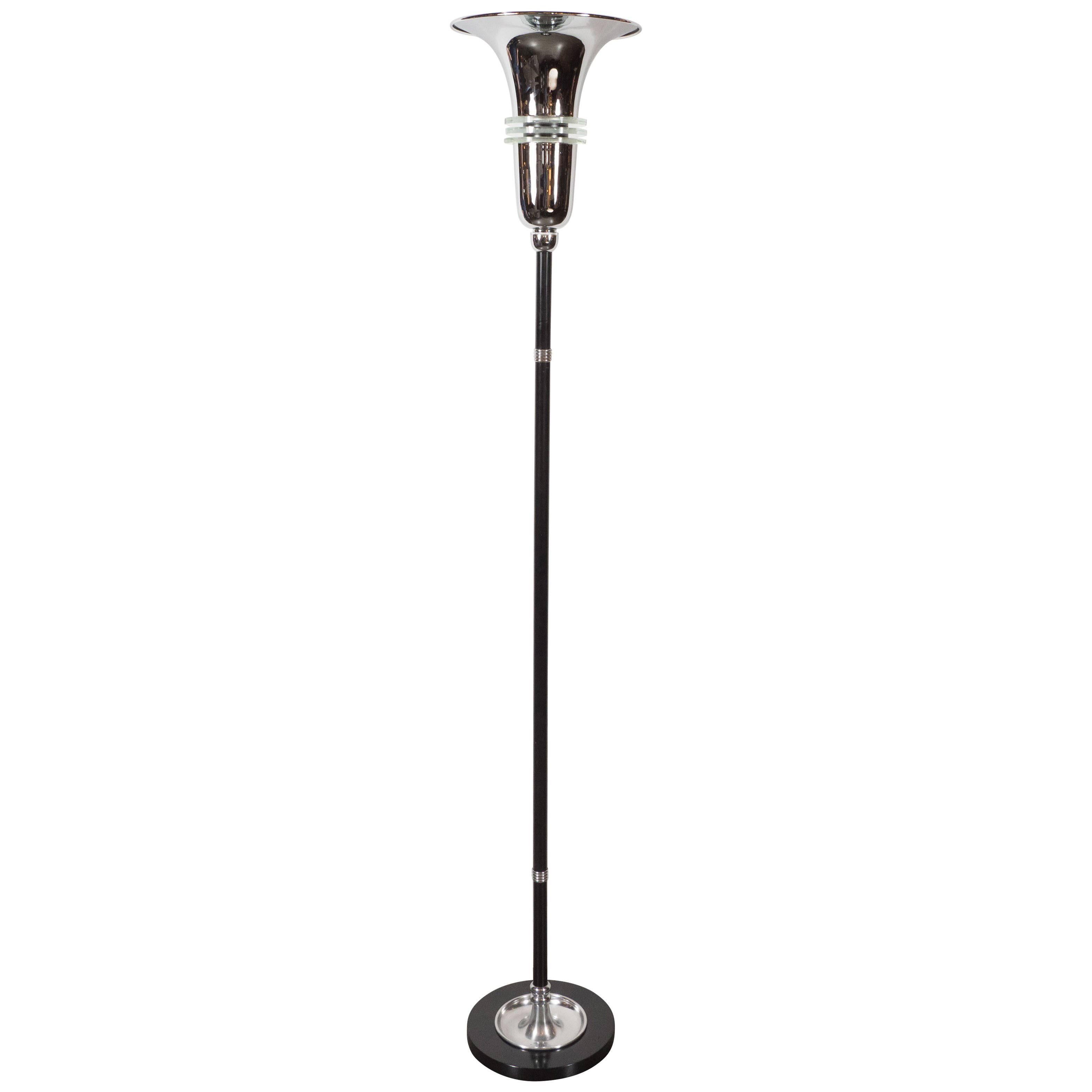 Art Deco Machine Age Chrome & Black Enamel Floor Lamp with Banded Glass Accents