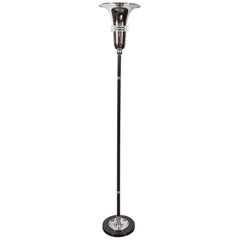 Art Deco Machine Age Chrome & Black Enamel Floor Lamp with Banded Glass Accents