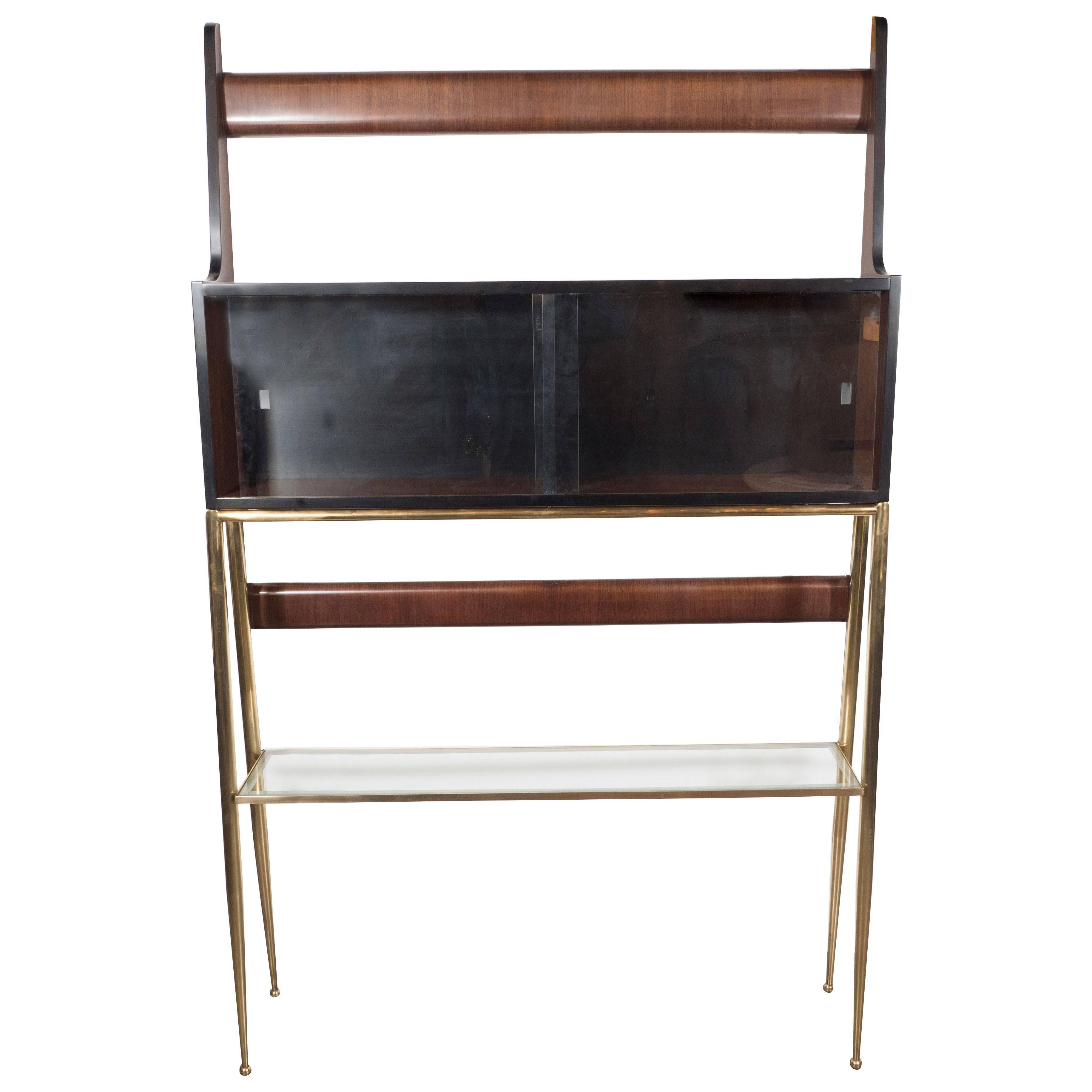 Sculptural Italian Mid-Century Modern Ètagére in Handrubbed Walnut and Brass For Sale