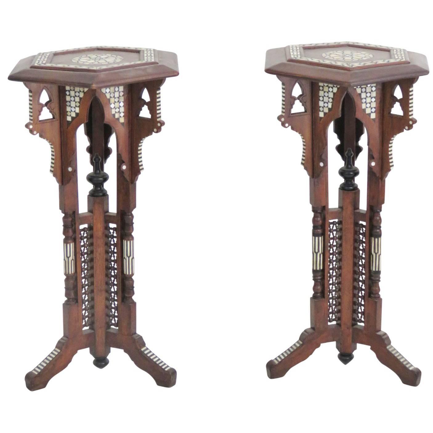 Pair of Moroccan Carved Inlaid Pedestals
