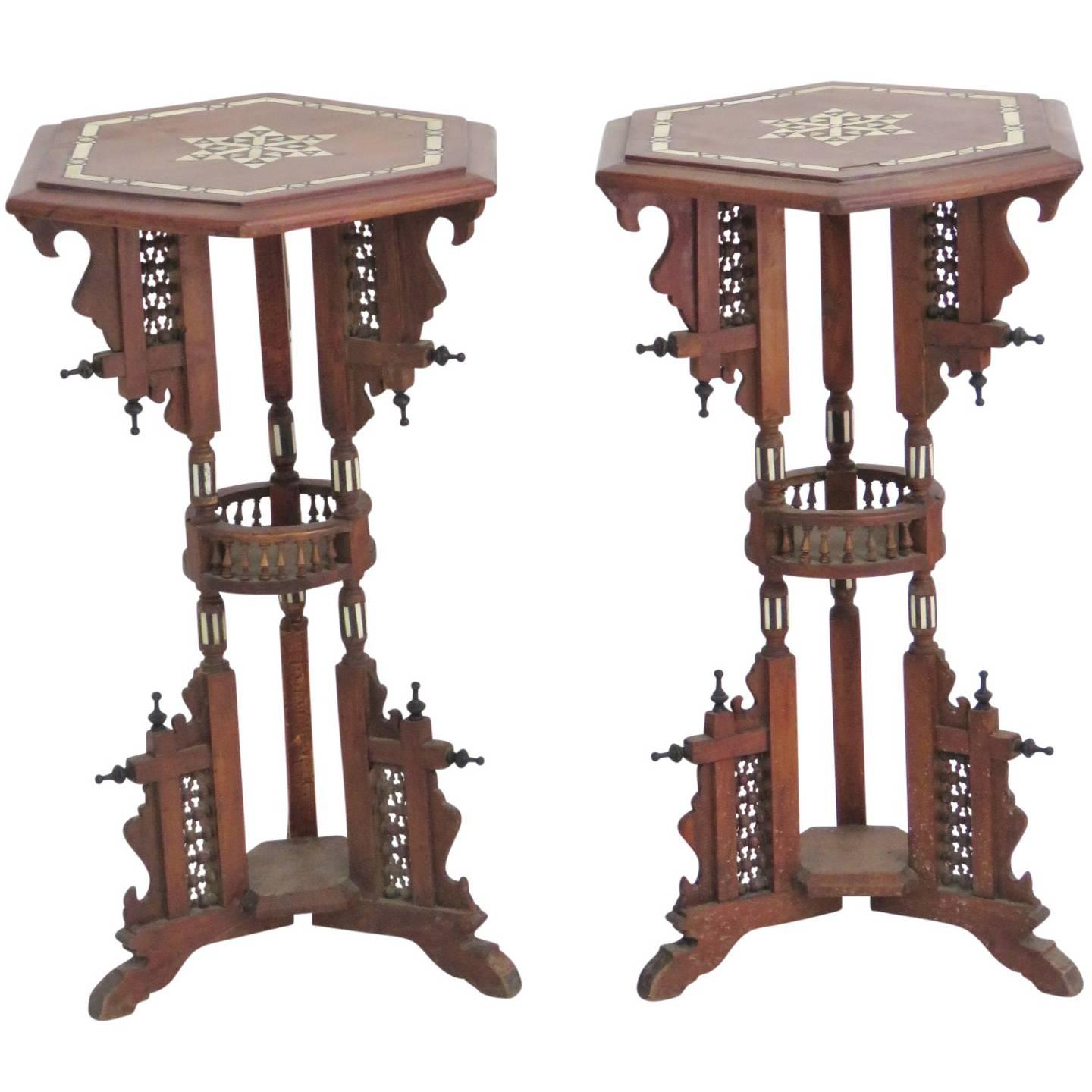 Pair of Moroccan Carved Inlaid Pedestals