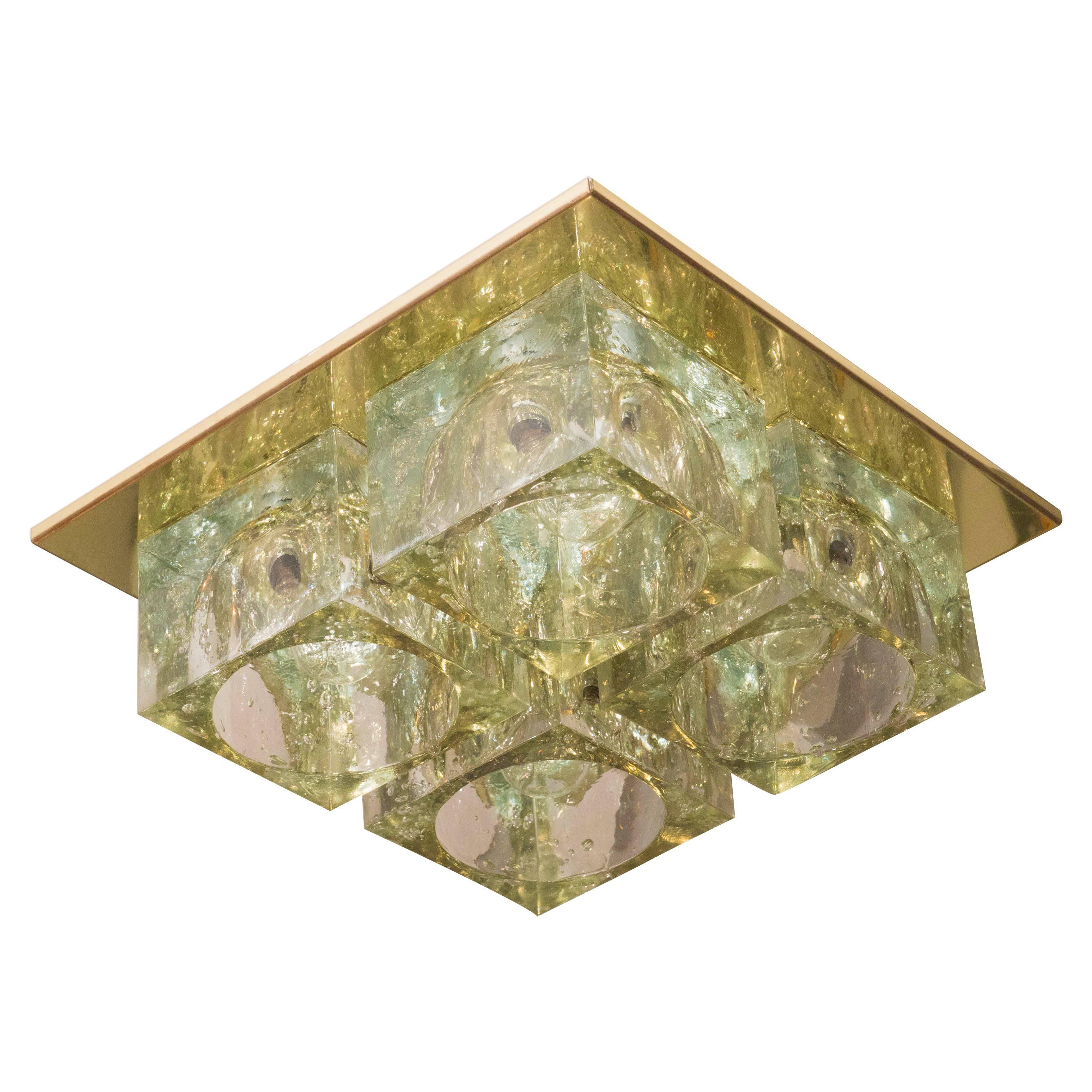 Mid-Century Modern Brass and Translucent Glass Cube Flush Mount by Sciolari