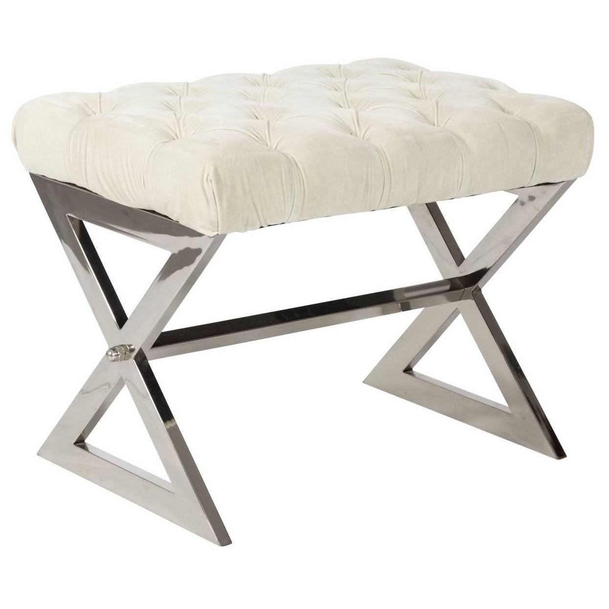 Chrome Bench with Velvet Tufted Seat For Sale