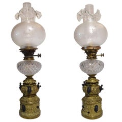 Pair of Antique Gilt Bronze Etched Crystal Oil Lamps
