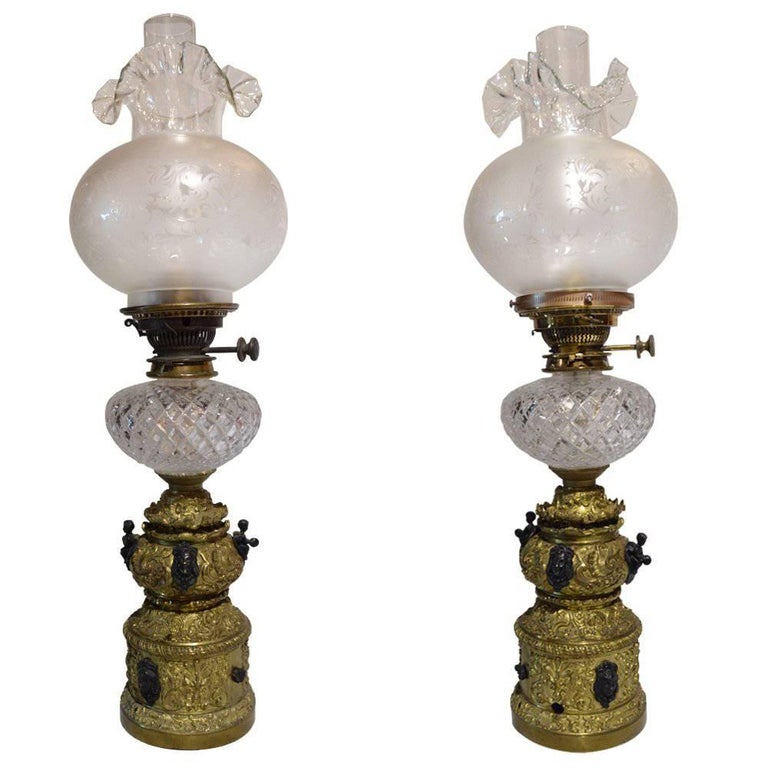 Pair of Antique Gilt Bronze Etched Crystal Oil Lamps at 1stDibs