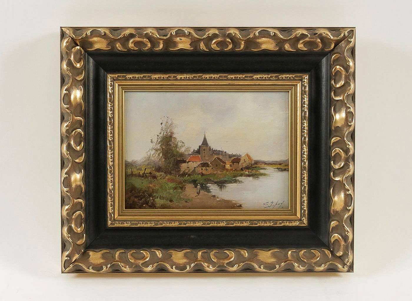 We are pleased to present you, a lovely oil on panel depicting a waterfront Village, sign on a lower right by Leon Dupuy, pseudonym of the famous French painter Eugene Galien Laloue.

Barbizon School, late-19th century circa 1874-1884.

Sizes